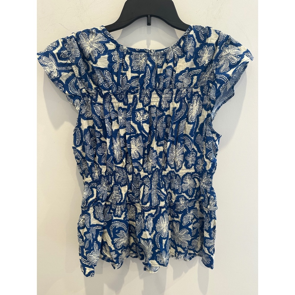 Time and Tru Blue White Floral Smocked Peplum Blouse XXL 20